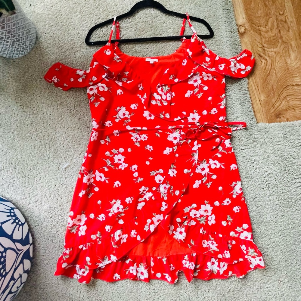 Red floral mini wrap dress, spaghetti straps with cold shoulder ruffle sleeves.